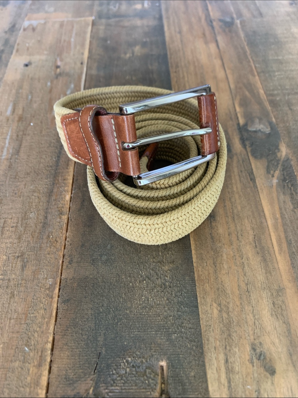 Peter Millar Khaki Woven Belt with Brown Leather Trim